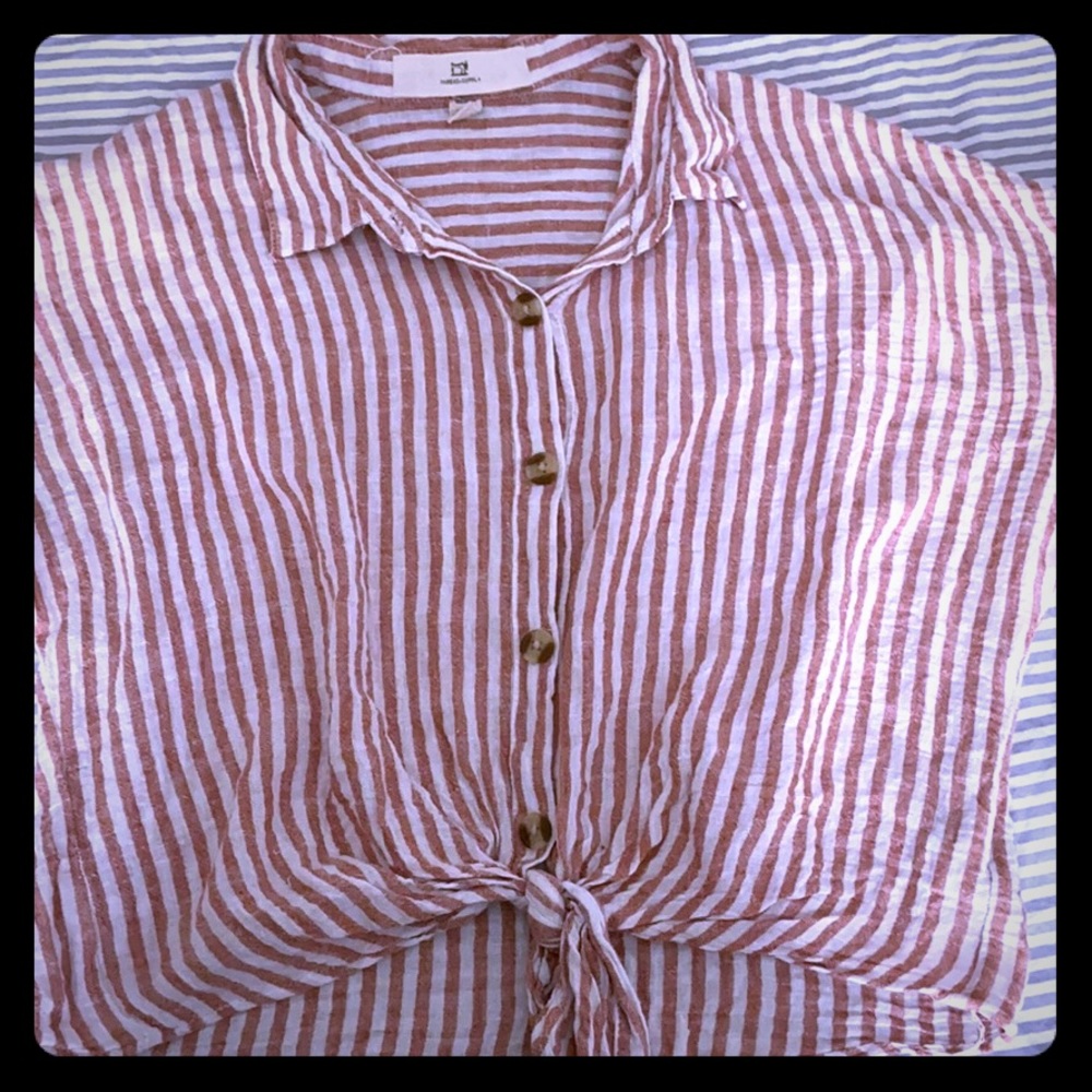 Salmon and white striped tie crop top